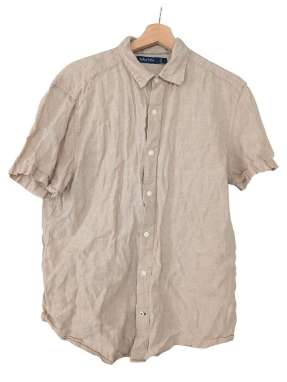Nautica 100% Linen Shirt Mens Large Beige Short Sleeve Button Down Old Money